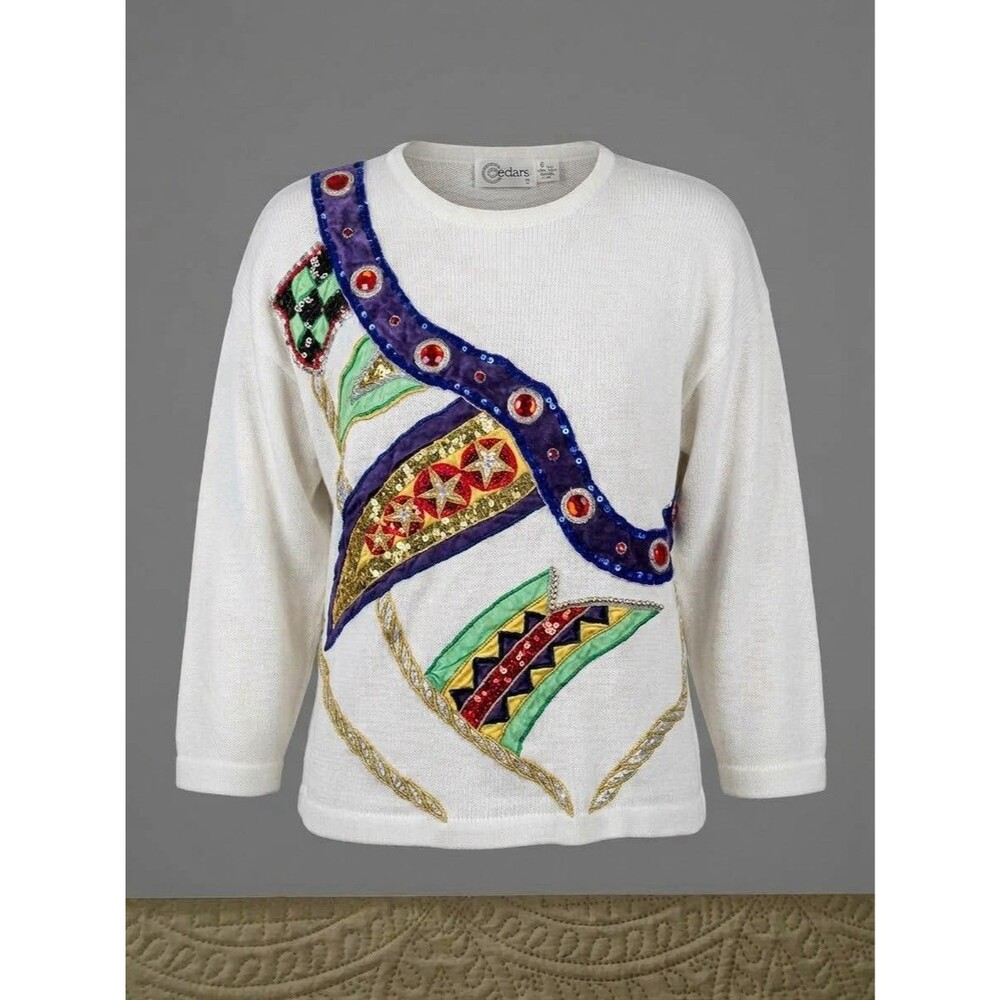 VTG 80s 90s Cedars Embellished Sequin Sweater Women’s S White Statement Abstract
